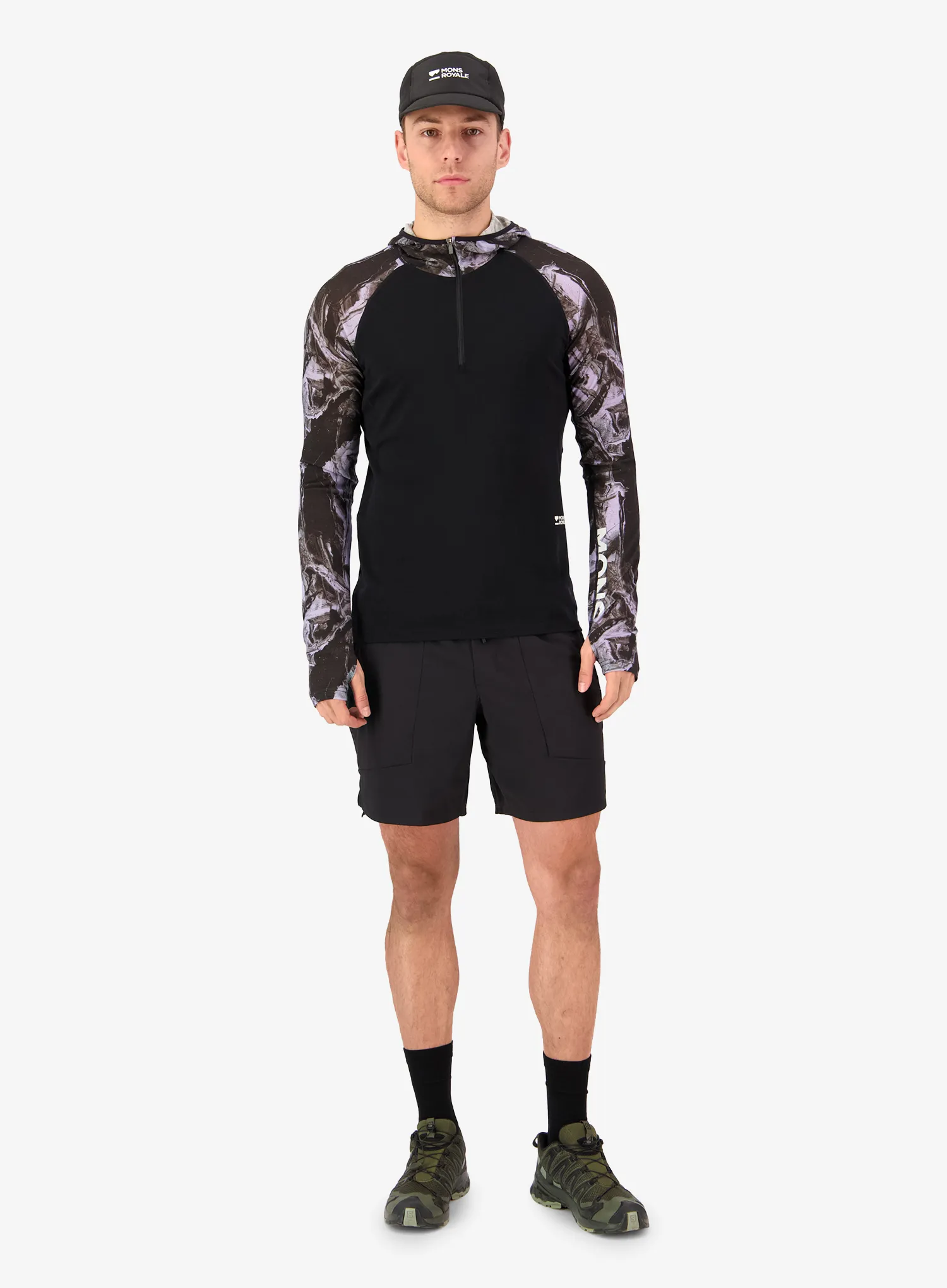 Mikina s kapucňou Mons Royale Temple Merino Long Sleeve Hood - rock camo/black
