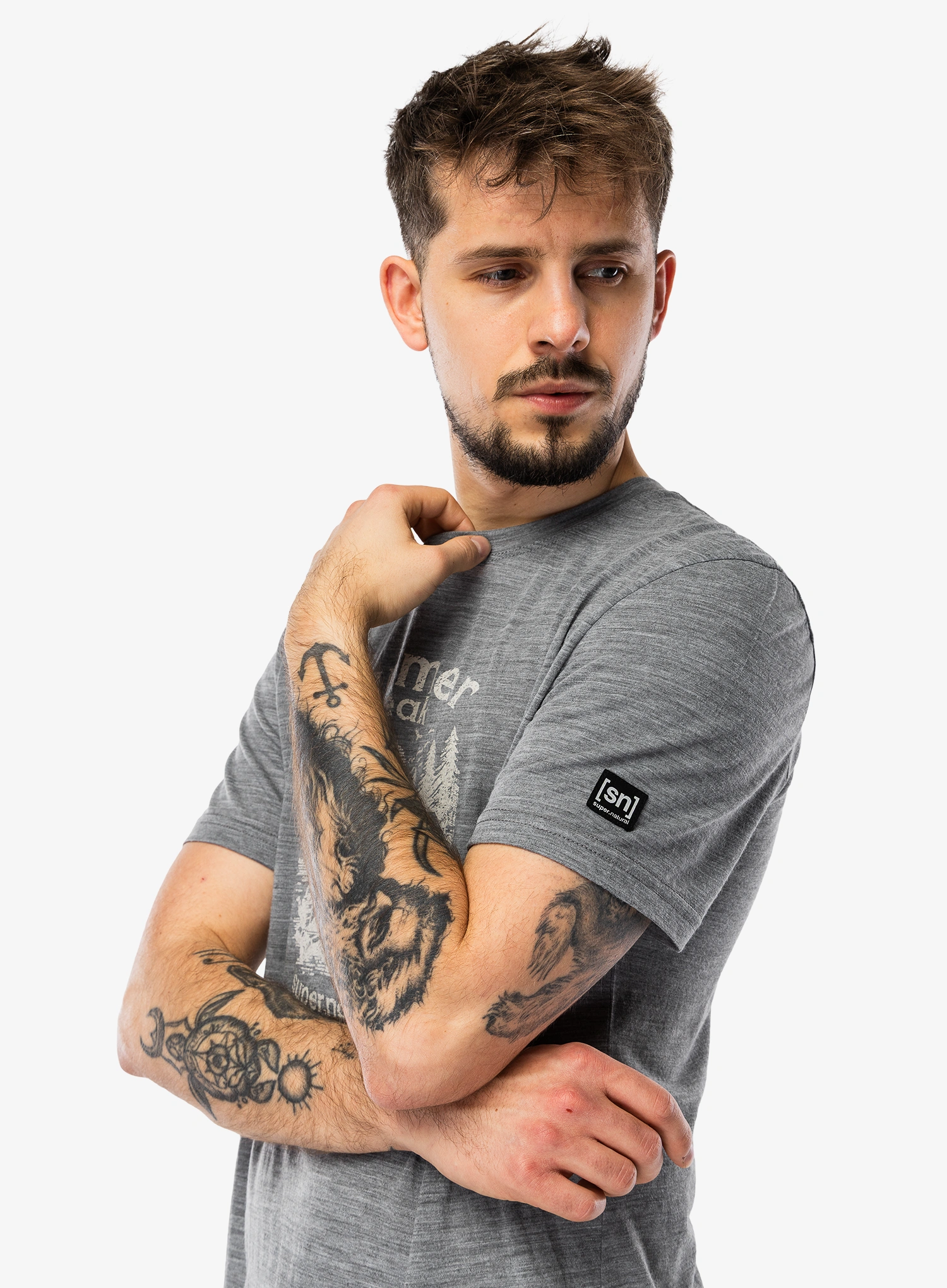 Merino tričko Super.natural Summer Break Tee - cashmere grey mel/wht stone