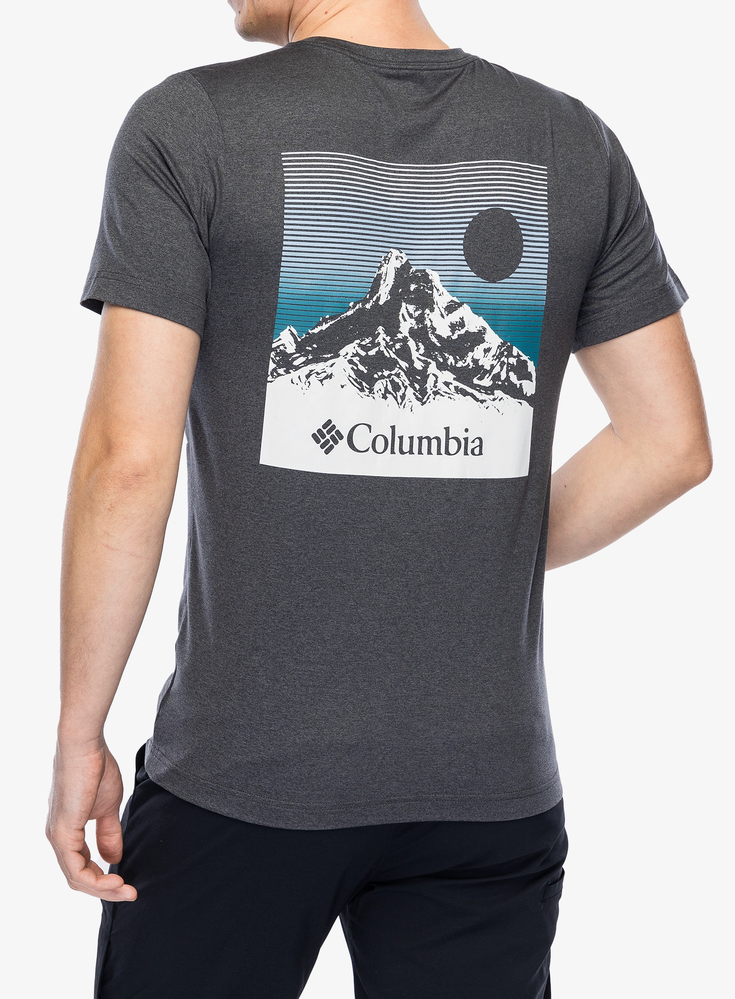 Tričko s potlačou Columbia Kwick Hike Back Graphic S/S Tee - blk heather/linear view multi