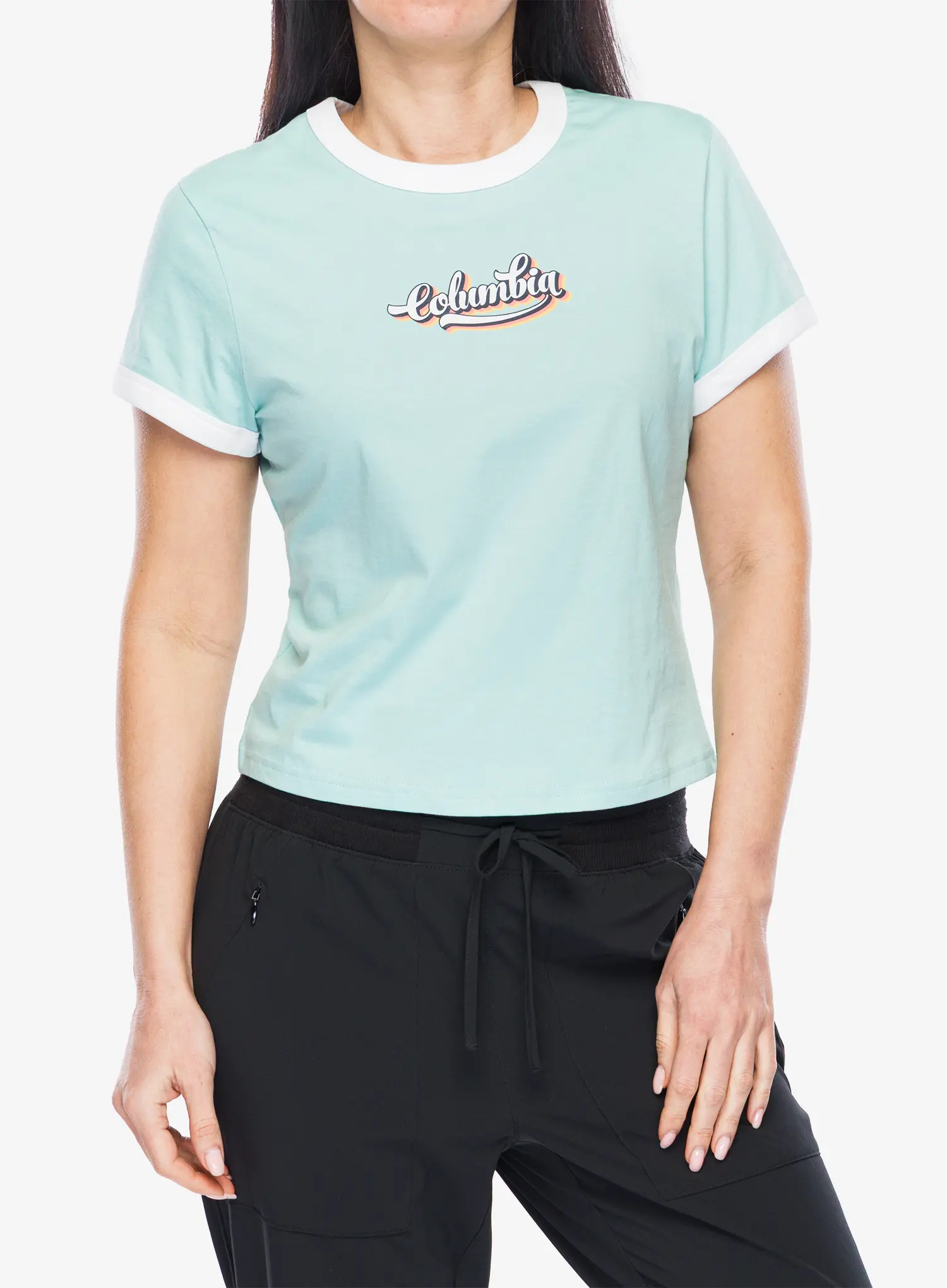 Tričko s potlačou dámske Columbia Rolling Bend Graphic Ringer Tee - spray/elevated script