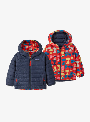 Detská bunda Patagonia Baby Reversible Down Sweater Hoody - forest being/sizzle red