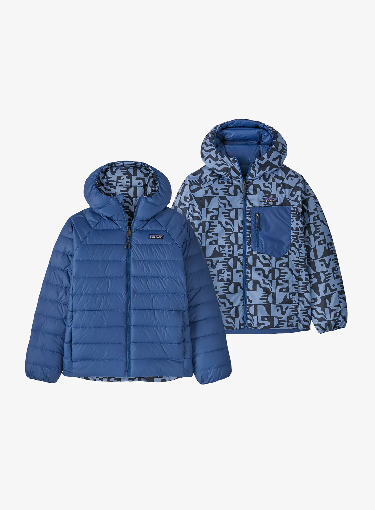 Detská bunda Patagonia Reversible Down Sweater Hoody - mother tree/sunken blue