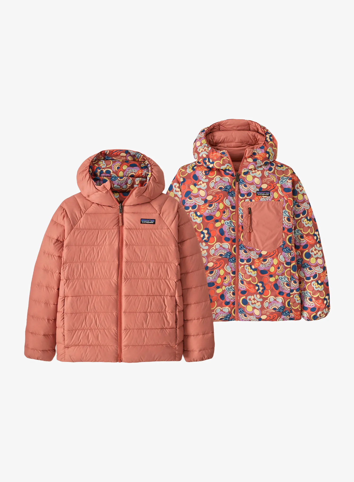 Detská bunda Patagonia Reversible Down Sweater Hoody - river river/potters red
