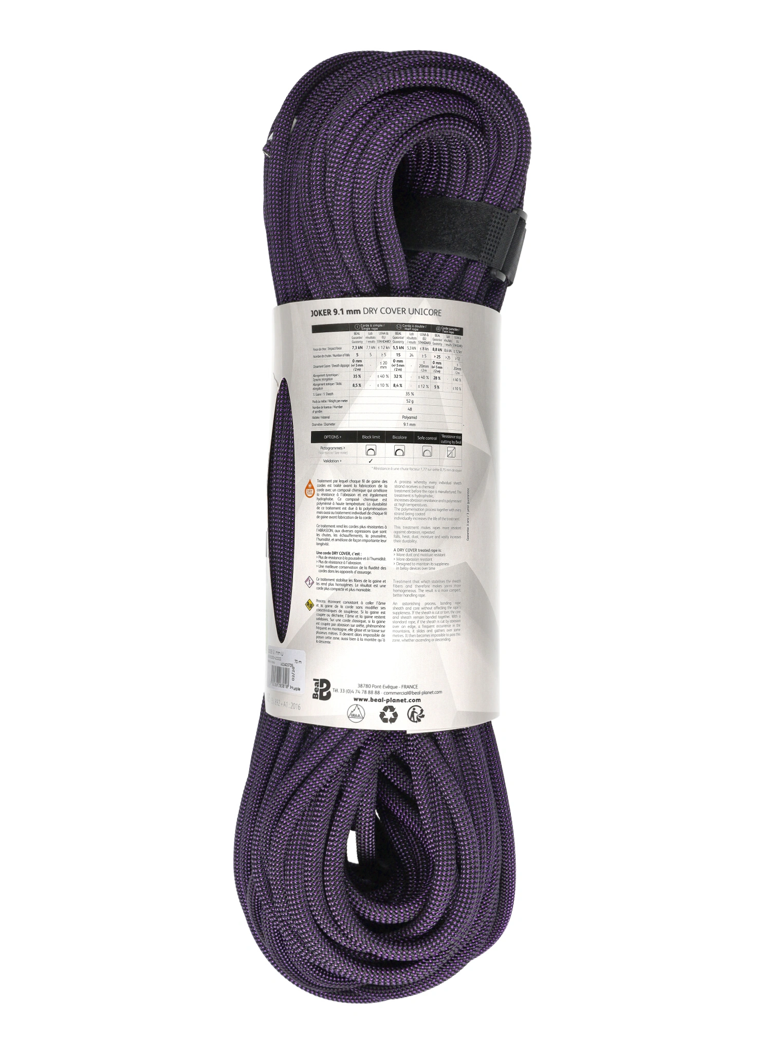 Dynamické lano Beal Joker 9,1 mm 70 m Unicore Dry Cover - purple