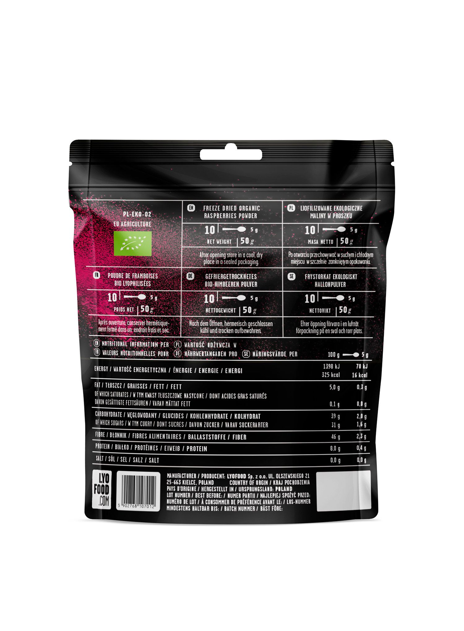 Lyofilizát LYOFOOD Organický malinový prášok 50 g