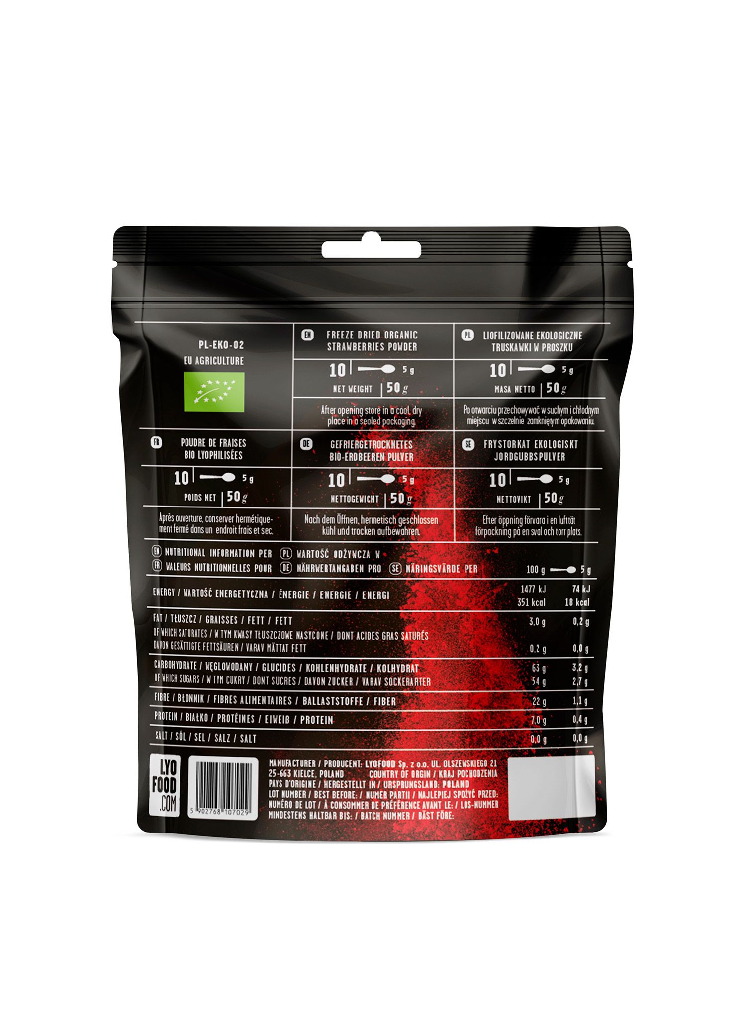 Lyofilizát LYOFOOD Organický jahodový prášok 50 g