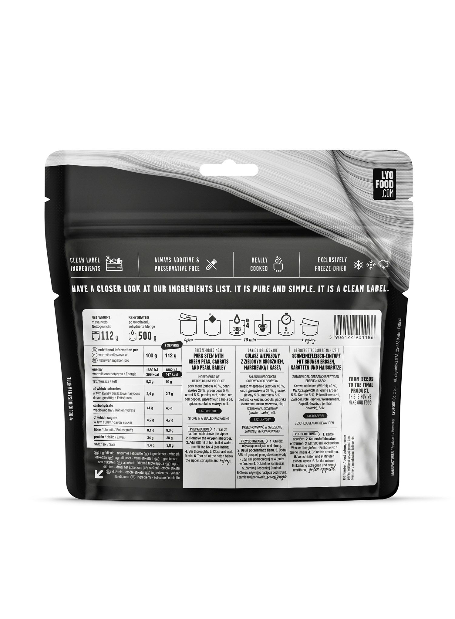 Dehydrované jedlo LYOFOOD Bravčový guláš s kašou 500g