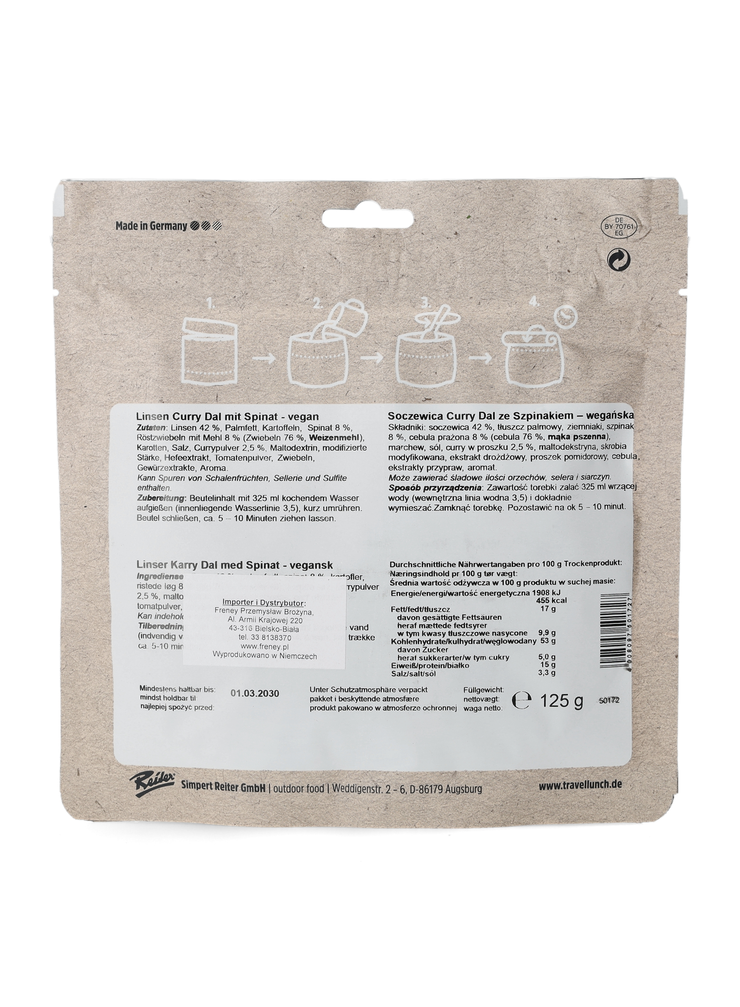 Lyofilizát Travellunch Šošovica Curry Dal so špenátom (samostatné balenie) 450g